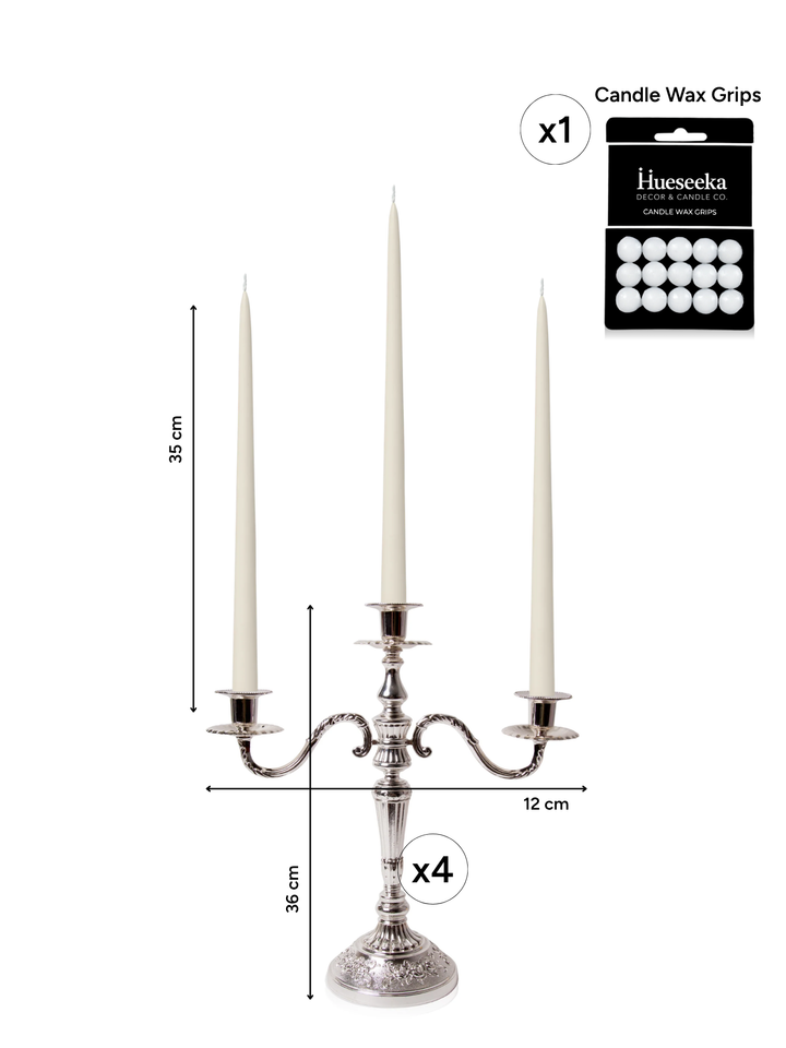Ivory 35cm Taper Candles with Antique Silver Penelope 3-Arm Candelabra - Set of 4