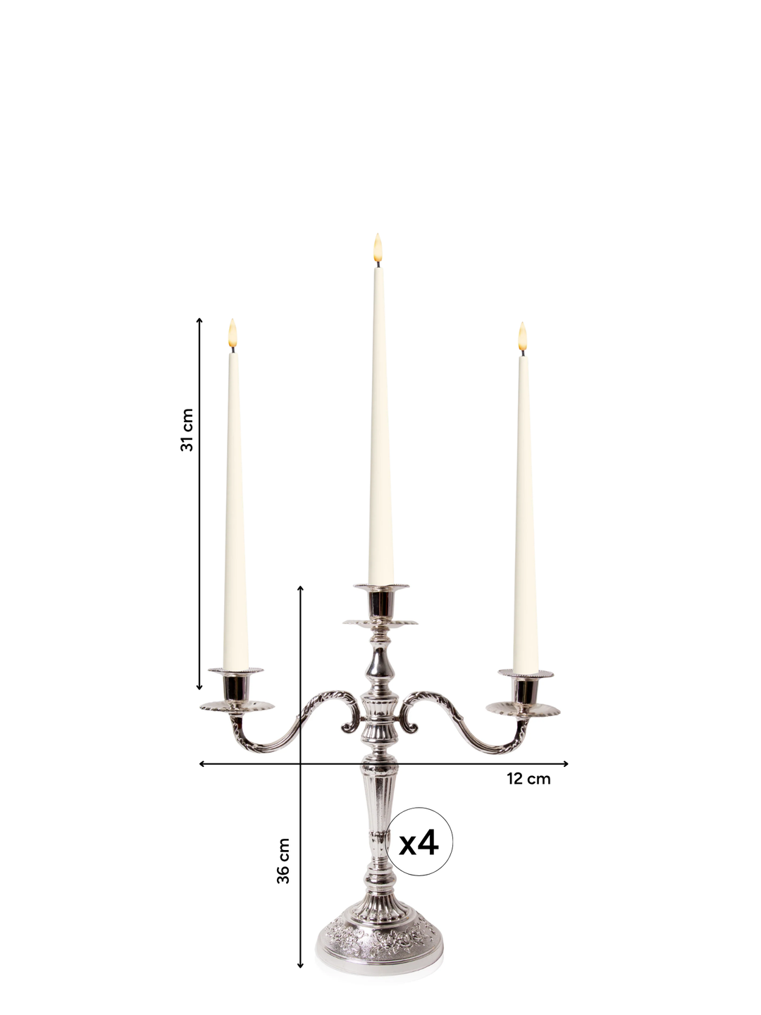 Ivory 31cm LED Taper Candles with Antique Silver Penelope 3-Arm Candelabra - Set of 2