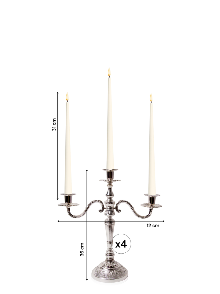Ivory 31cm LED Taper Candles with Antique Silver Penelope 3-Arm Candelabra - Set of 2