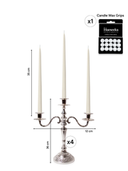 Ivory 35cm Taper Candles with Antique Silver Penelope 3-Arm Candelabra - Set of 4