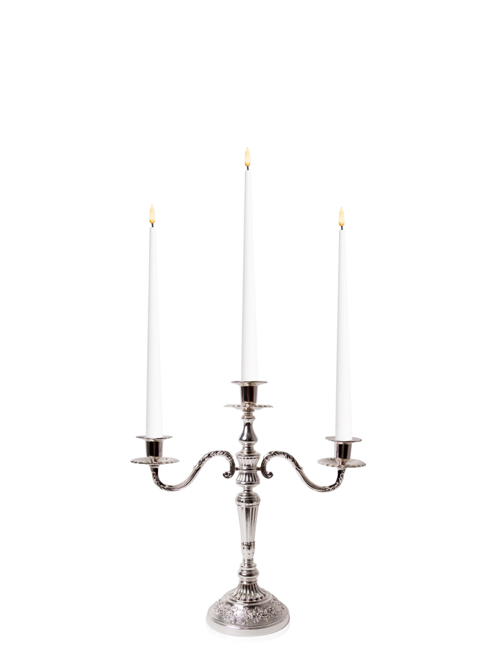 White 31cm LED Taper Candles with Antique Silver Penelope 3-Arm Candelabra - Set of 2
