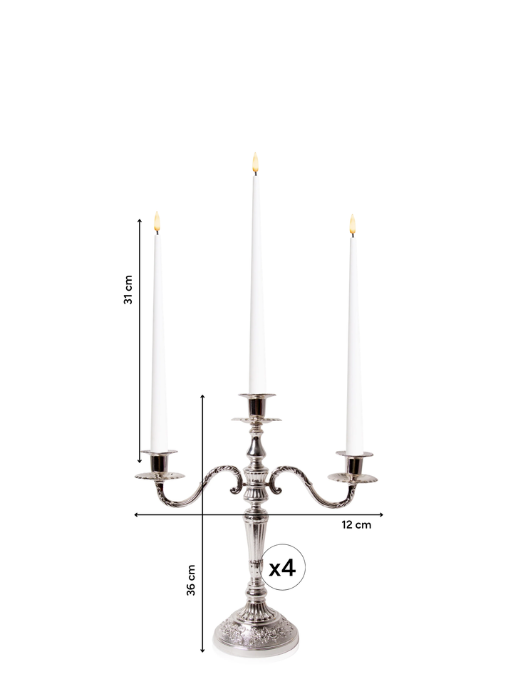 White 31cm LED Taper Candles with Antique Silver Penelope 3-Arm Candelabra - Set of 2