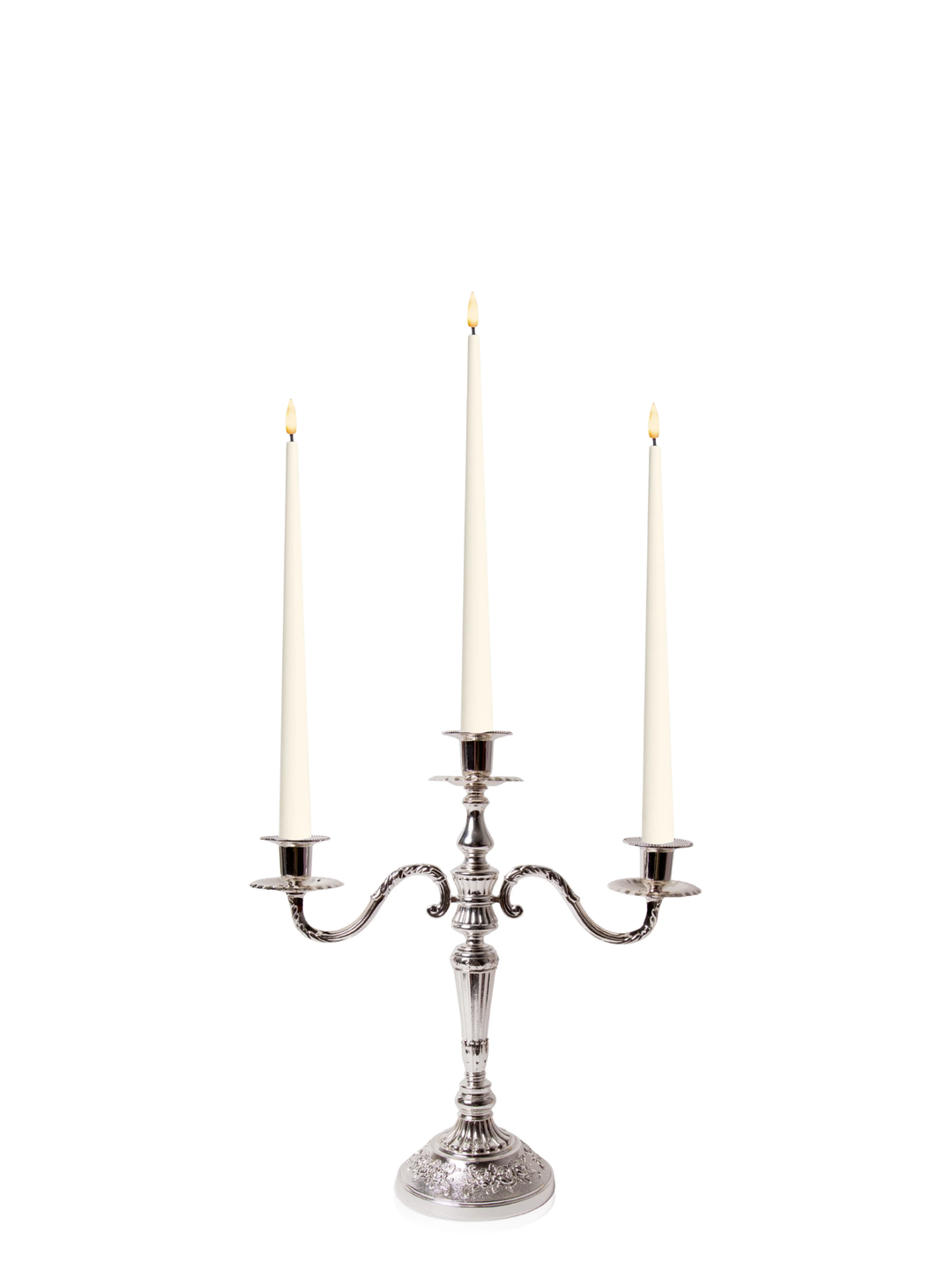 Ivory 31cm LED Taper Candles with Antique Silver Penelope 3-Arm Candelabra - Set of 2