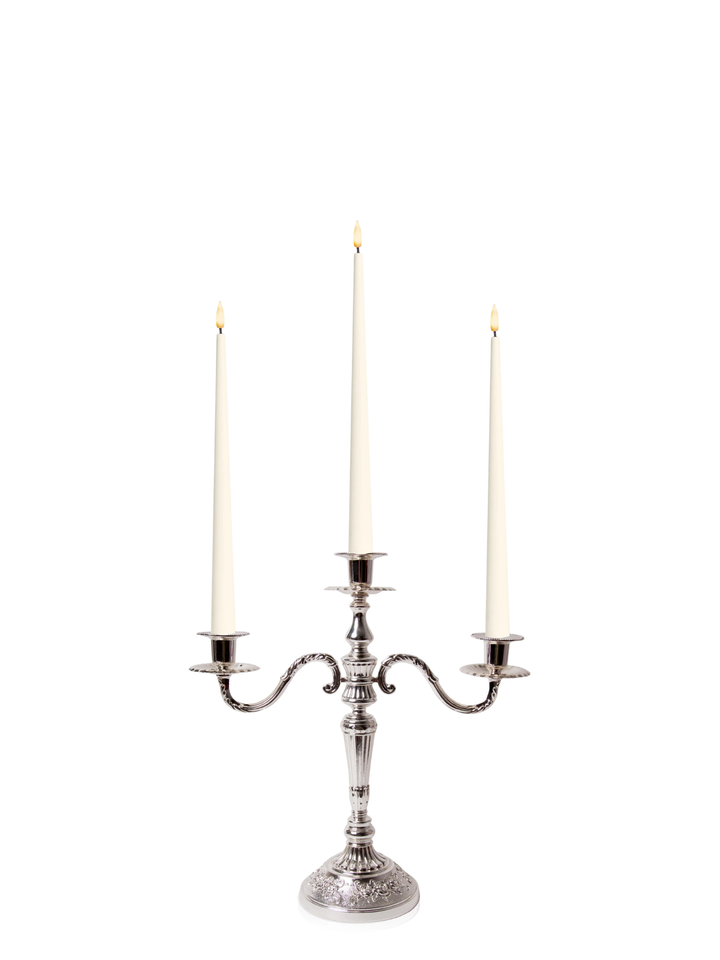 Ivory 31cm LED Taper Candles with Antique Silver Penelope 3-Arm Candelabra - Set of 2