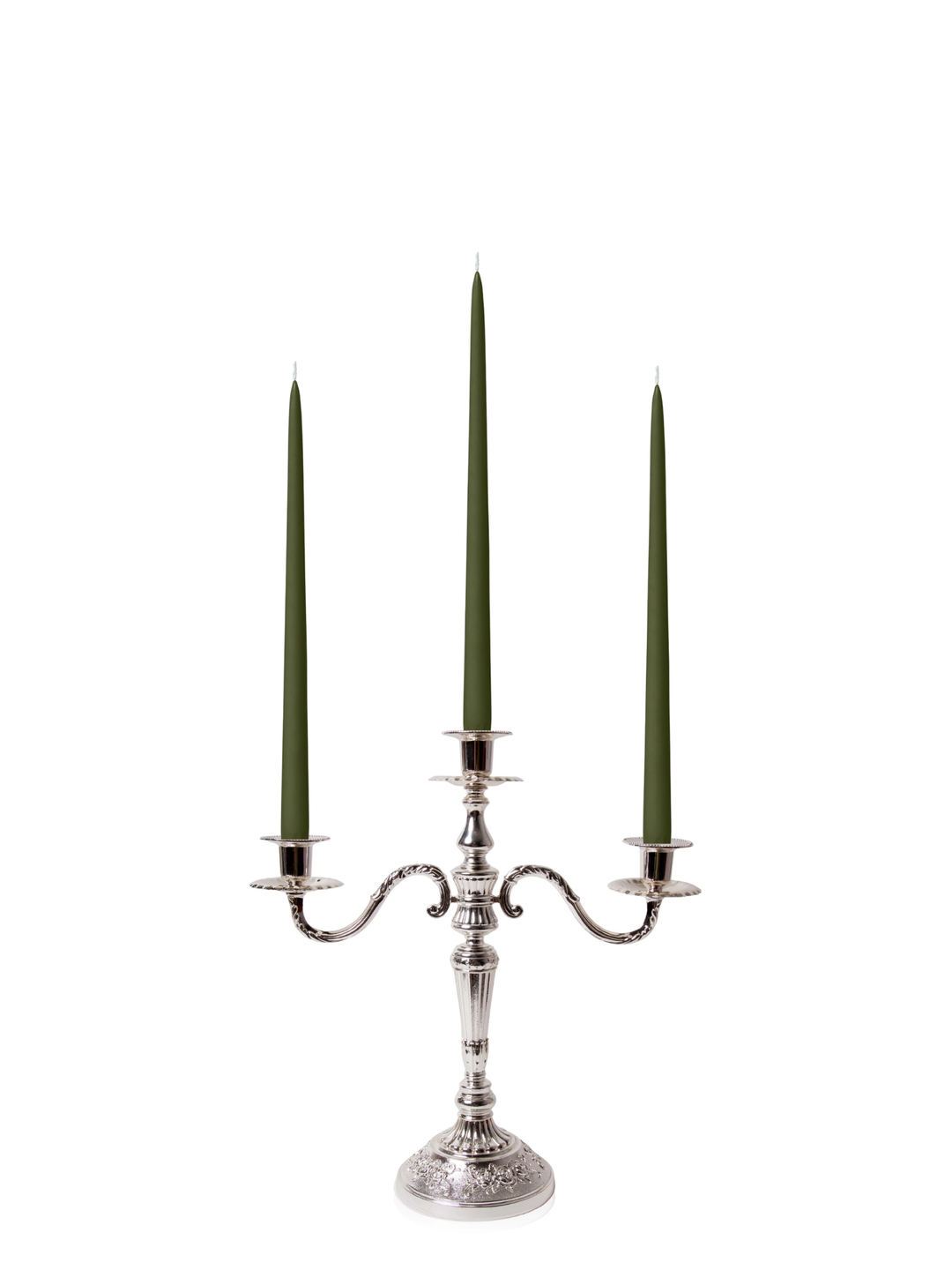 Olive 35cm Taper Candles with Antique Silver Penelope 3-Arm Candelabra - Set of 4