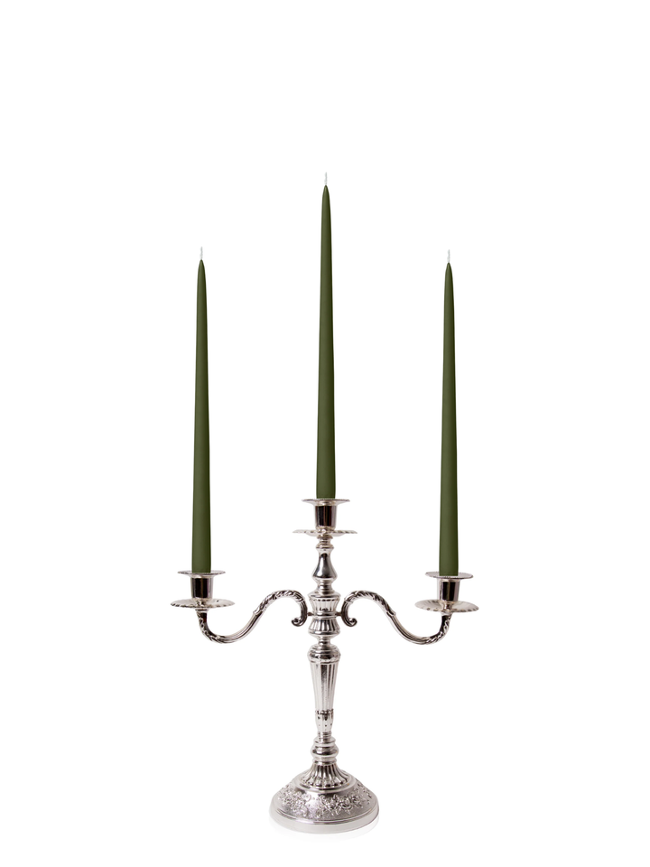 Olive 35cm Taper Candles with Antique Silver Penelope 3-Arm Candelabra - Set of 4