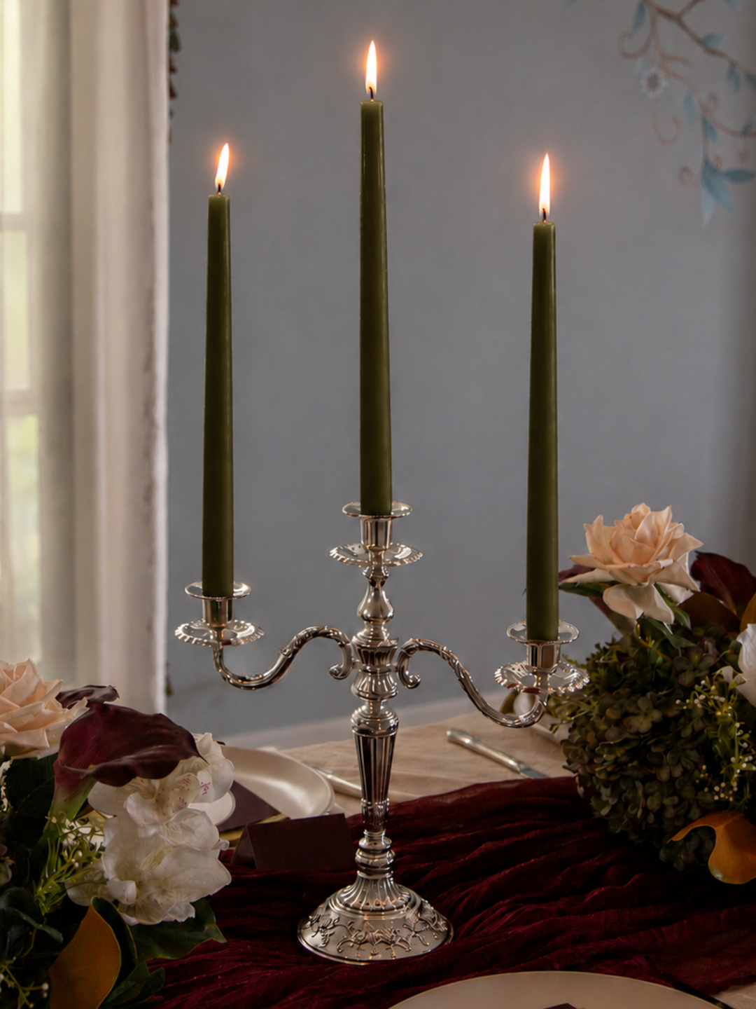 Olive 35cm Taper Candles with Antique Silver Penelope 3-Arm Candelabra - Set of 4