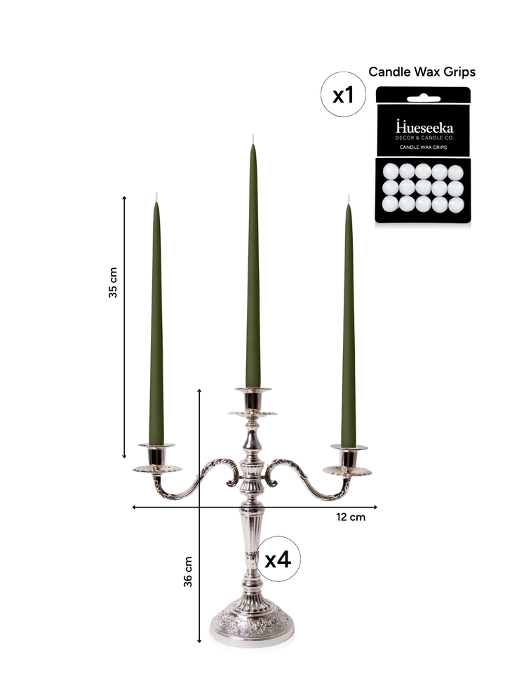 Olive 35cm Taper Candles with Antique Silver Penelope 3-Arm Candelabra - Set of 4