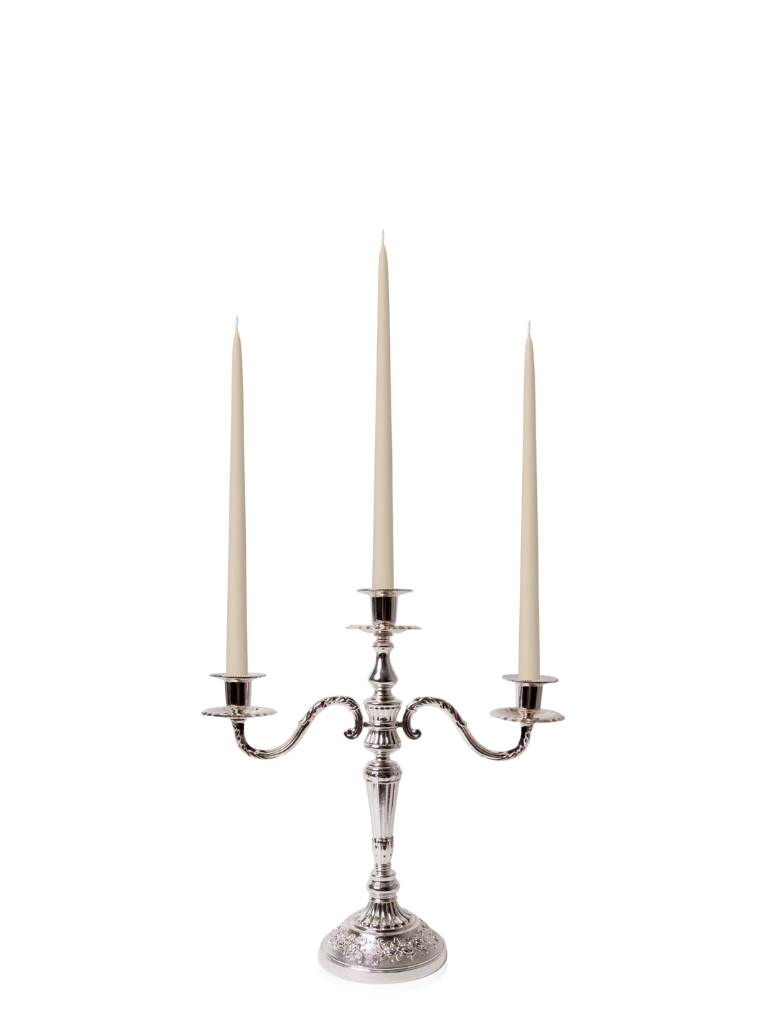 Sandstone 35cm Taper Candles with Antique Silver Penelope 3-Arm Candelabra - Set of 4