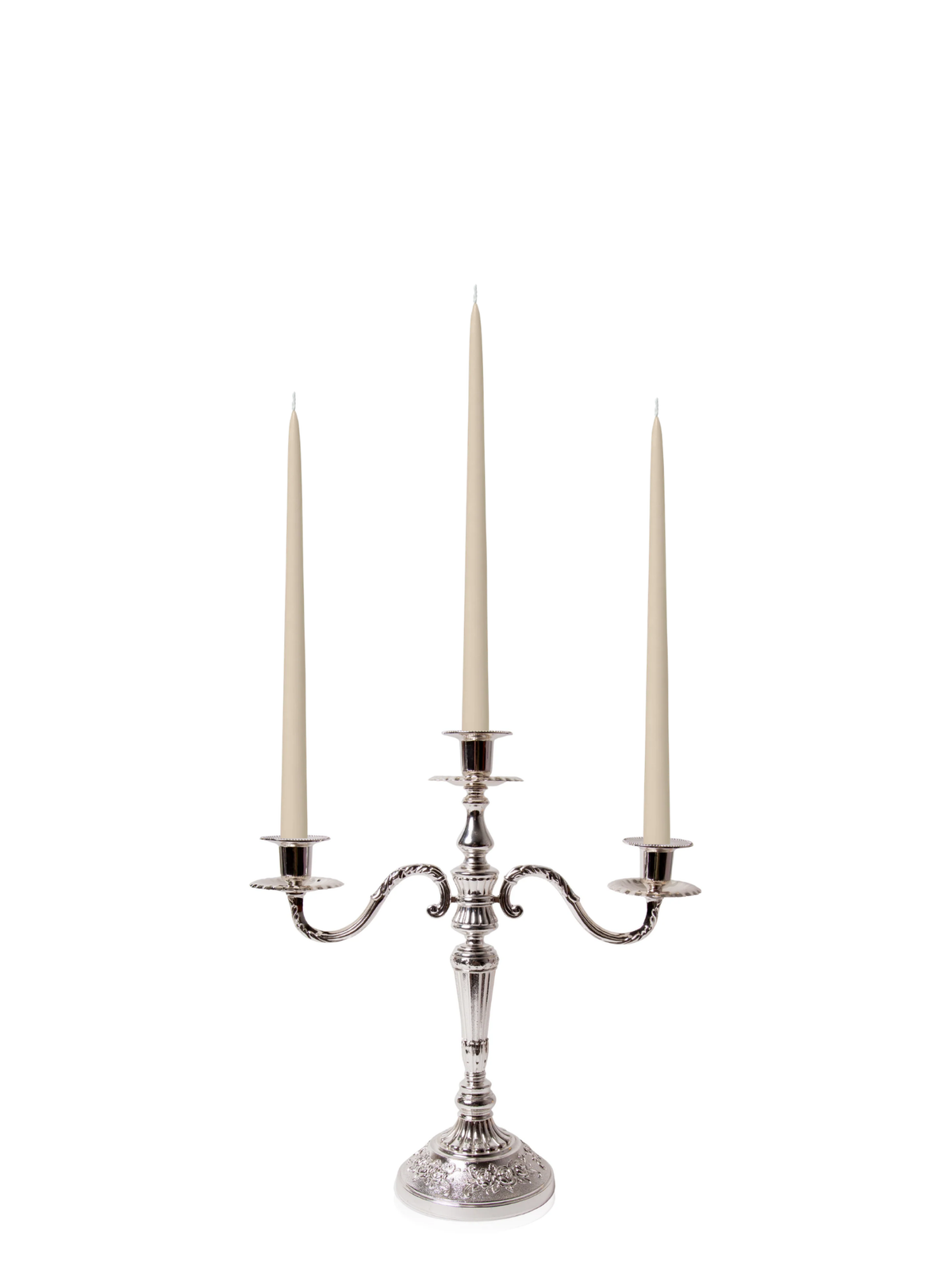 Sandstone 35cm Taper Candles with Antique Silver Penelope 3-Arm Candelabra - Set of 4