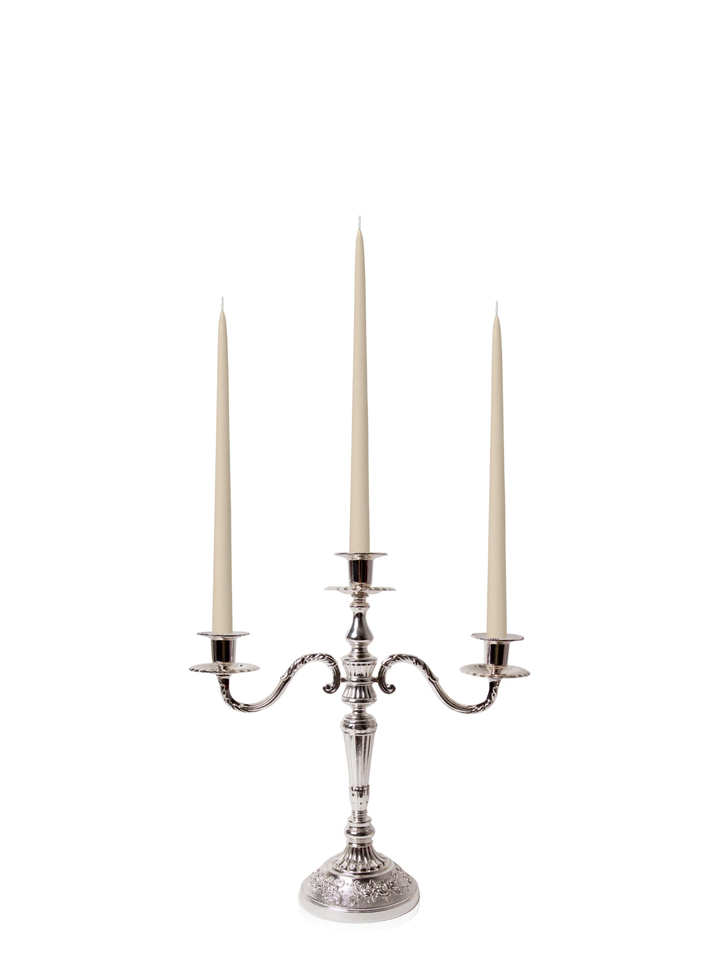 Sandstone 35cm Taper Candles with Antique Silver Penelope 3-Arm Candelabra - Set of 4