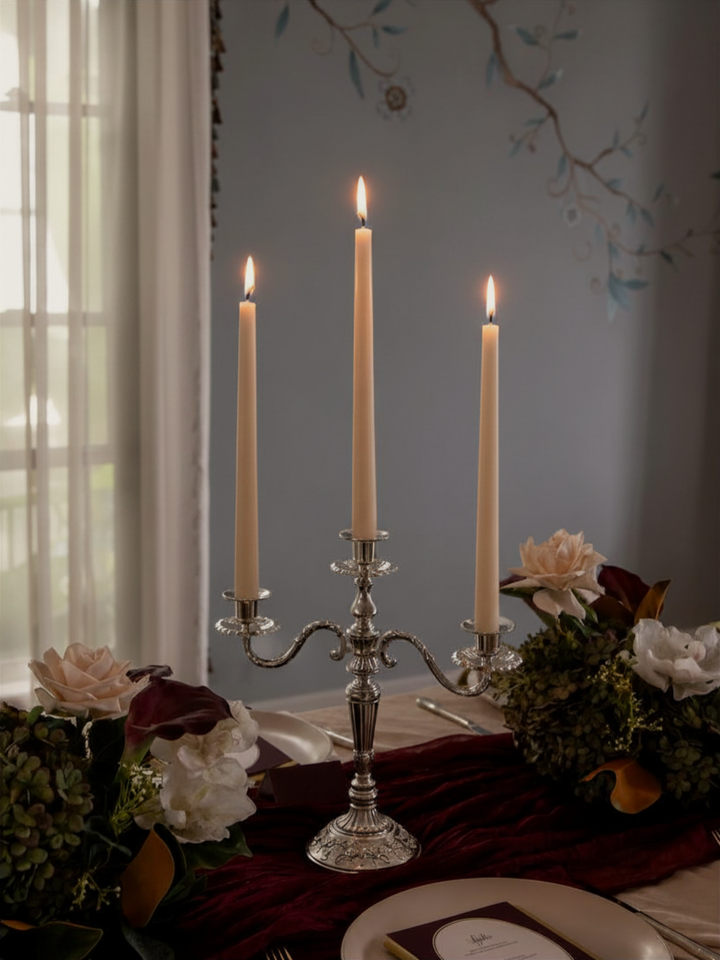 Sandstone 35cm Taper Candles with Antique Silver Penelope 3-Arm Candelabra - Set of 4