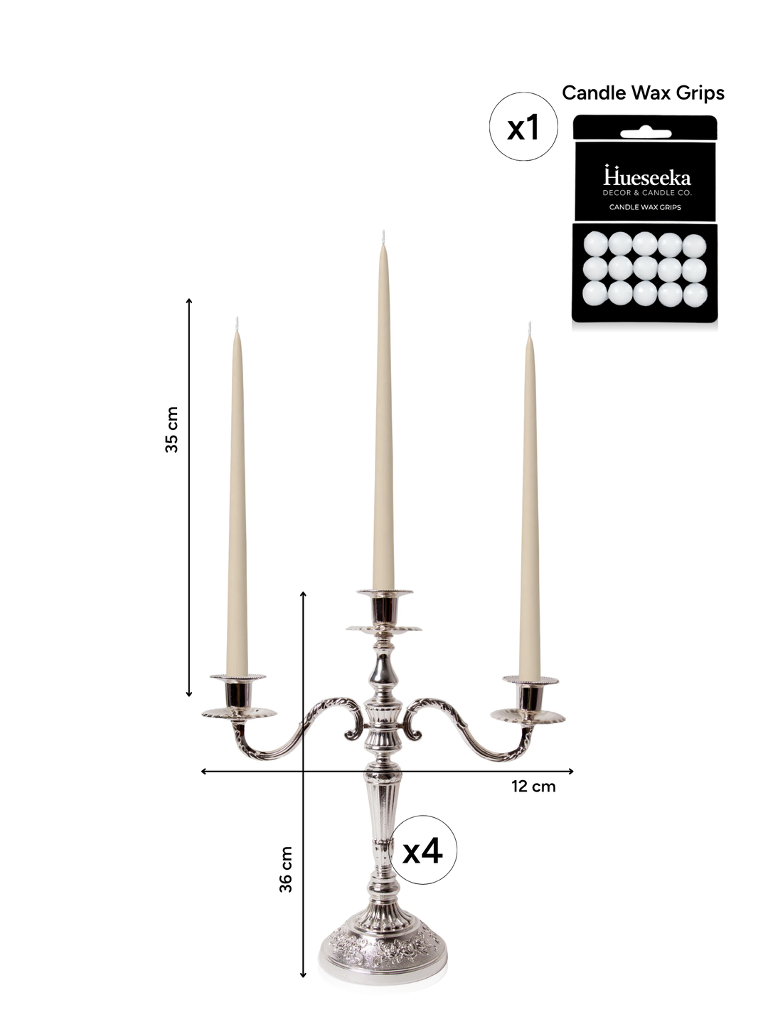 Sandstone 35cm Taper Candles with Antique Silver Penelope 3-Arm Candelabra - Set of 4
