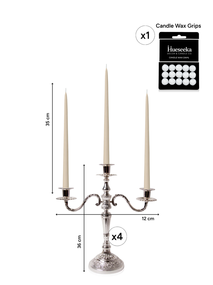 Sandstone 35cm Taper Candles with Antique Silver Penelope 3-Arm Candelabra - Set of 4