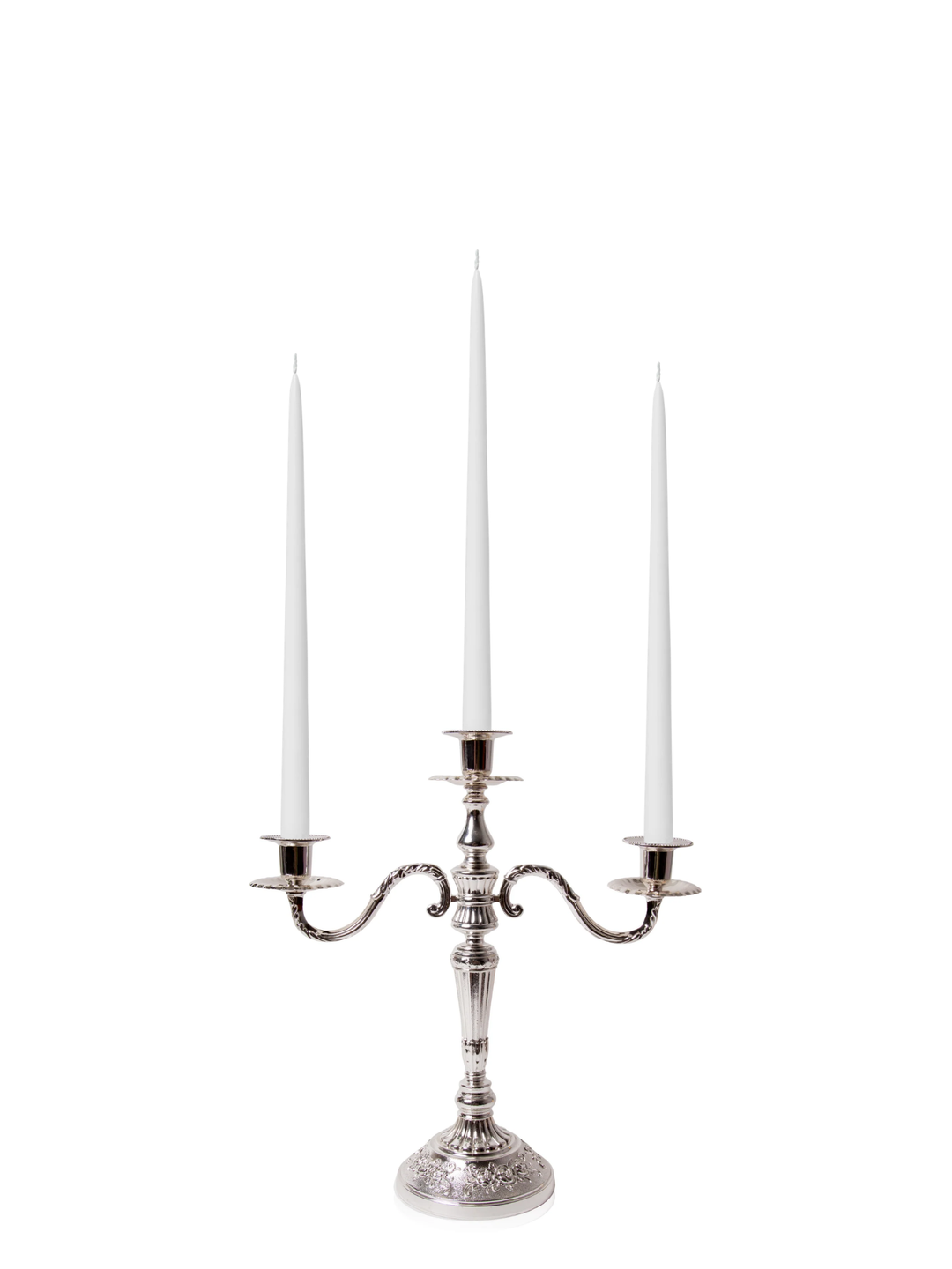 White 35cm Taper Candles with Antique Silver Penelope 3-Arm Candelabra - Set of 4