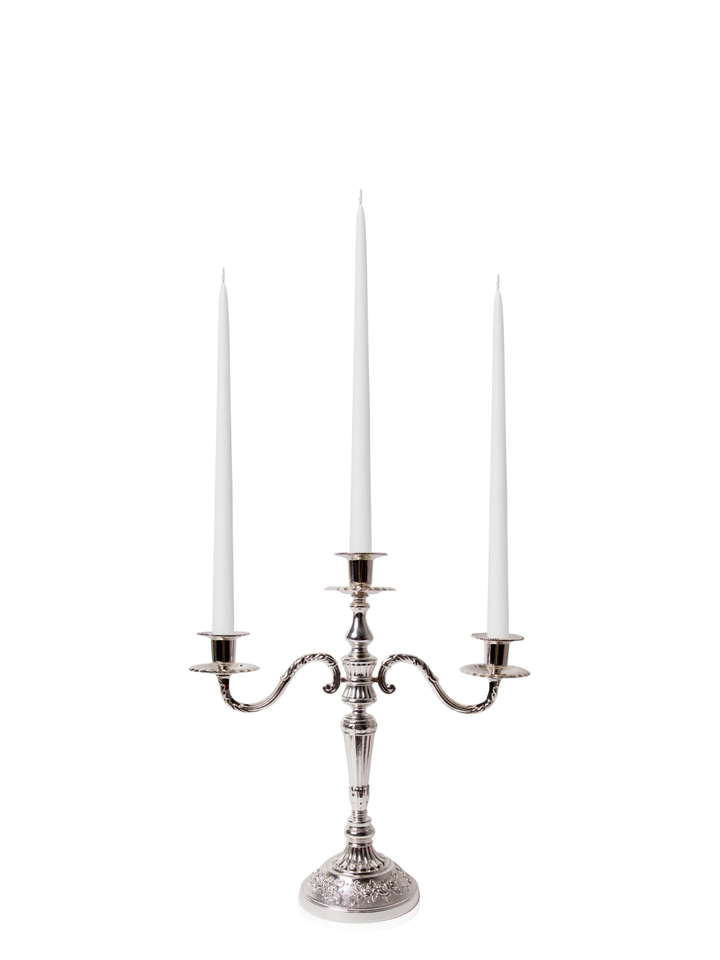 White 35cm Taper Candles with Antique Silver Penelope 3-Arm Candelabra - Set of 4