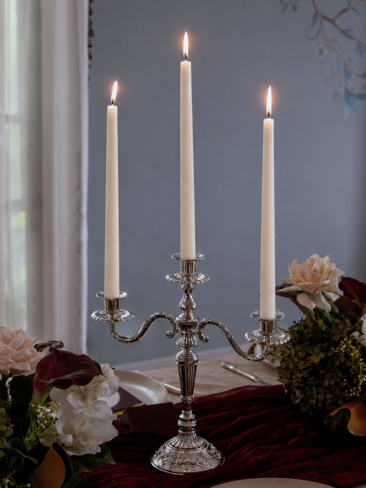 White 35cm Taper Candles with Antique Silver Penelope 3-Arm Candelabra - Set of 4