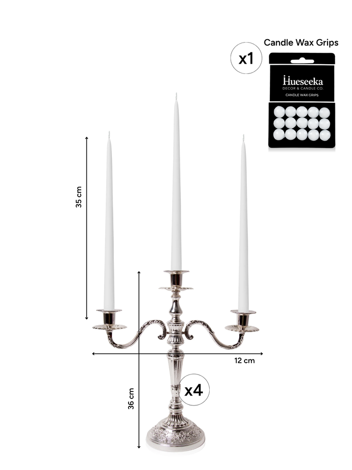 White 35cm Taper Candles with Antique Silver Penelope 3-Arm Candelabra - Set of 4