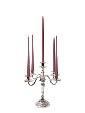 Burgundy 35cm & 45cm Taper Candles with Antique Silver Charlotte 5-Arm Candelabra - Set of 2 Pack of 10