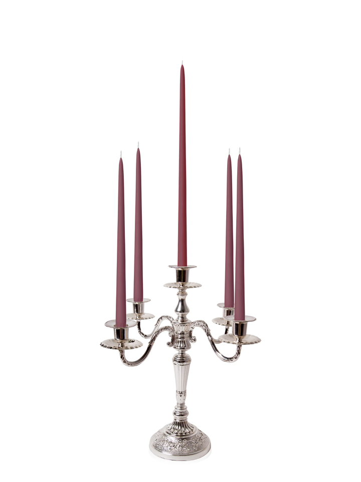 Burgundy 35cm & 45cm Taper Candles with Antique Silver Charlotte 5-Arm Candelabra - Set of 2 Pack of 10