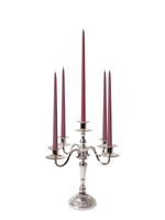 Burgundy 35cm & 45cm Taper Candles with Antique Silver Charlotte 5-Arm Candelabra - Set of 2