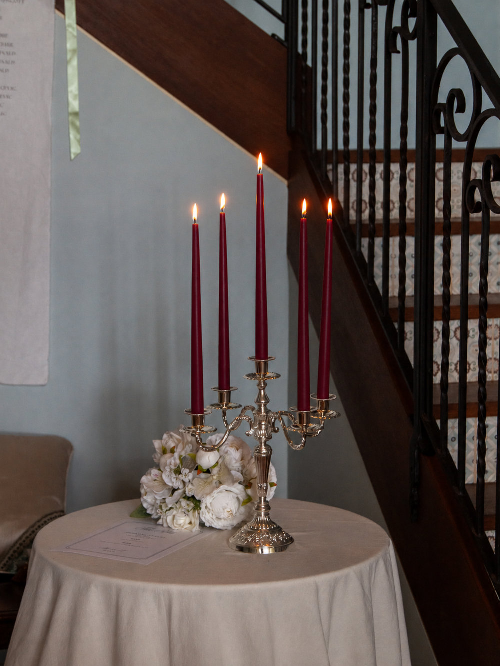 Burgundy 35cm & 45cm Taper Candles with Antique Silver Charlotte 5-Arm Candelabra - Set of 2 Pack of 10