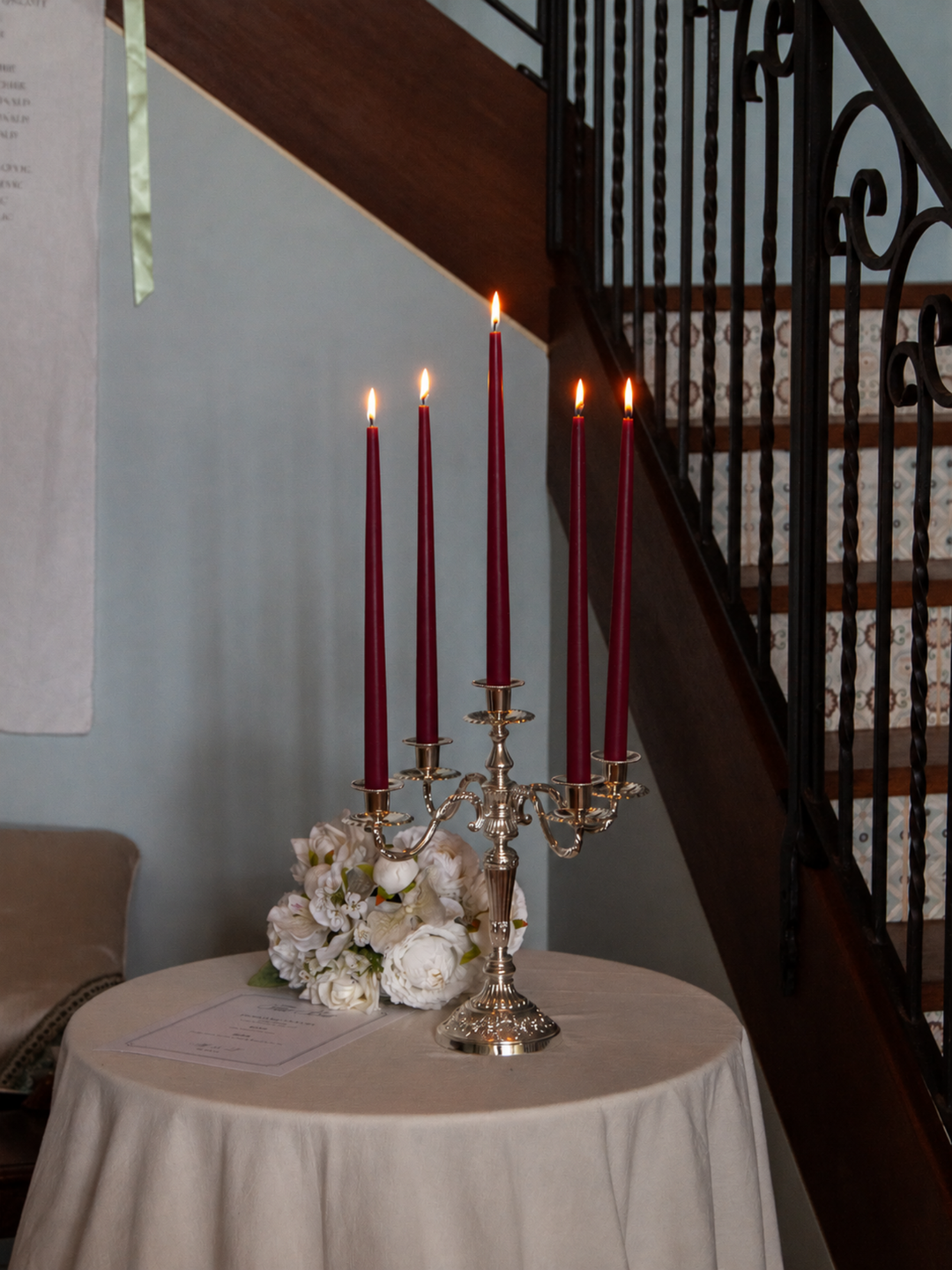 Burgundy 35cm & 45cm Taper Candles with Antique Silver Charlotte 5-Arm Candelabra - Set of 2 Pack of 10