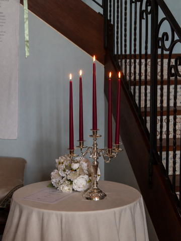 Burgundy 35cm & 45cm Taper Candles with Antique Silver Charlotte 5-Arm Candelabra - Set of 2 Pack of 10