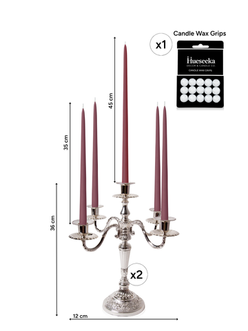 Burgundy 35cm & 45cm Taper Candles with Antique Silver Charlotte 5-Arm Candelabra - Set of 2 Pack of 10