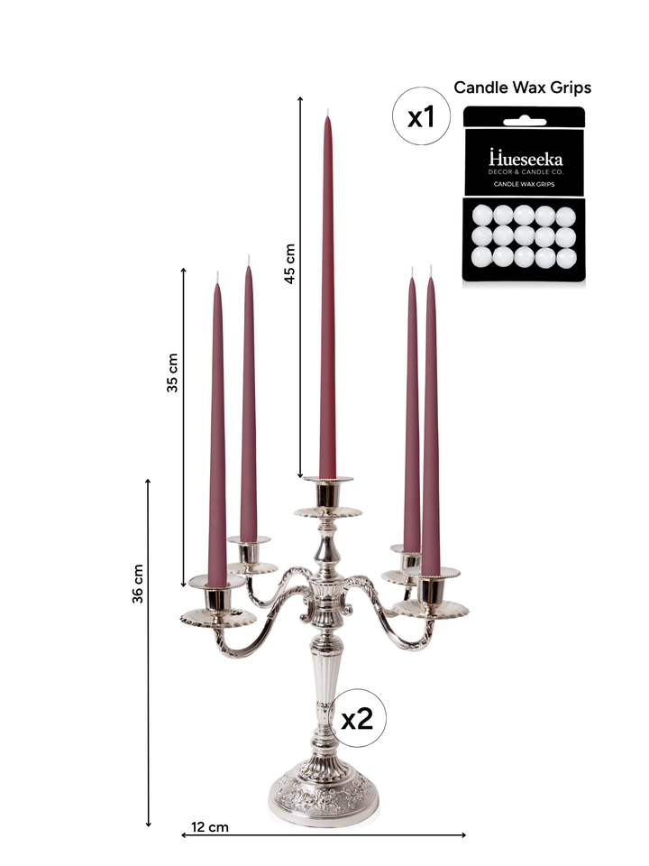 Burgundy 35cm & 45cm Taper Candles with Antique Silver Charlotte 5-Arm Candelabra - Set of 2 Pack of 10