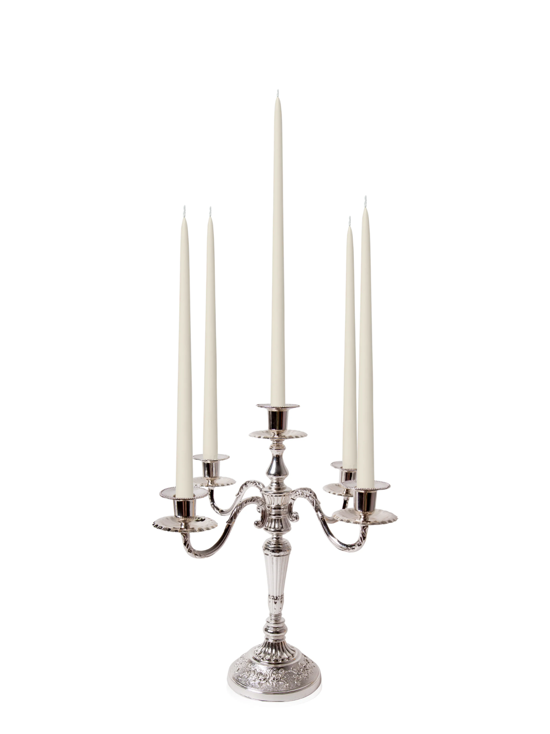Ivory 35cm & 45cm Taper Candles with Antique Silver Charlotte 5-Arm Candelabra - Set of 2 Pack of 10