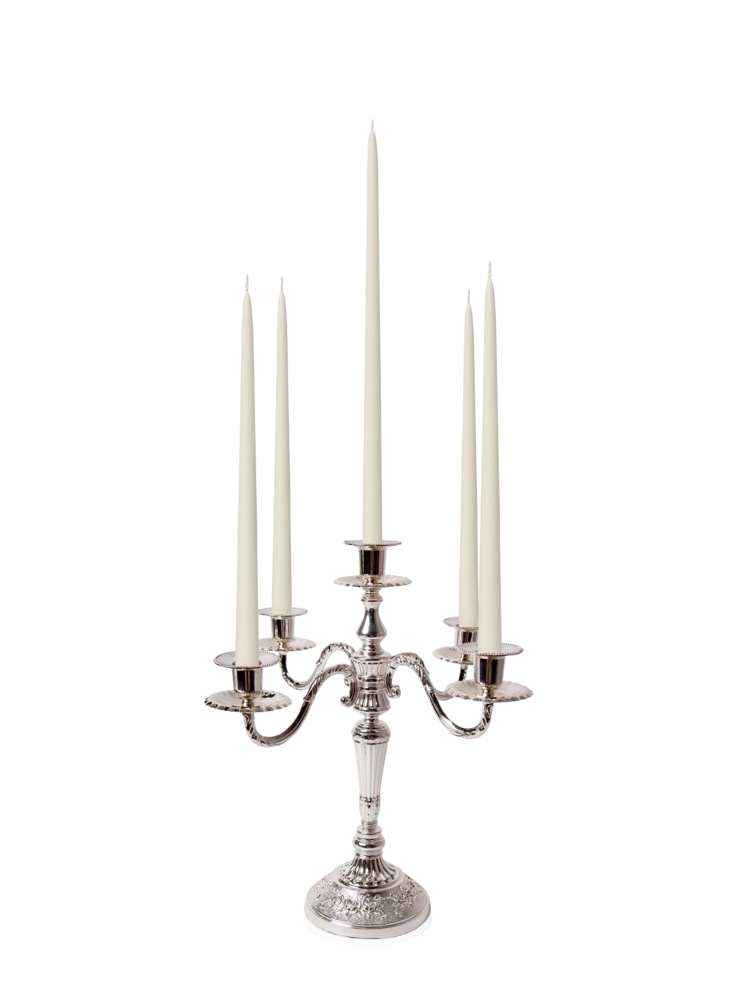 Ivory 35cm & 45cm Taper Candles with Antique Silver Charlotte 5-Arm Candelabra - Set of 2 Pack of 10