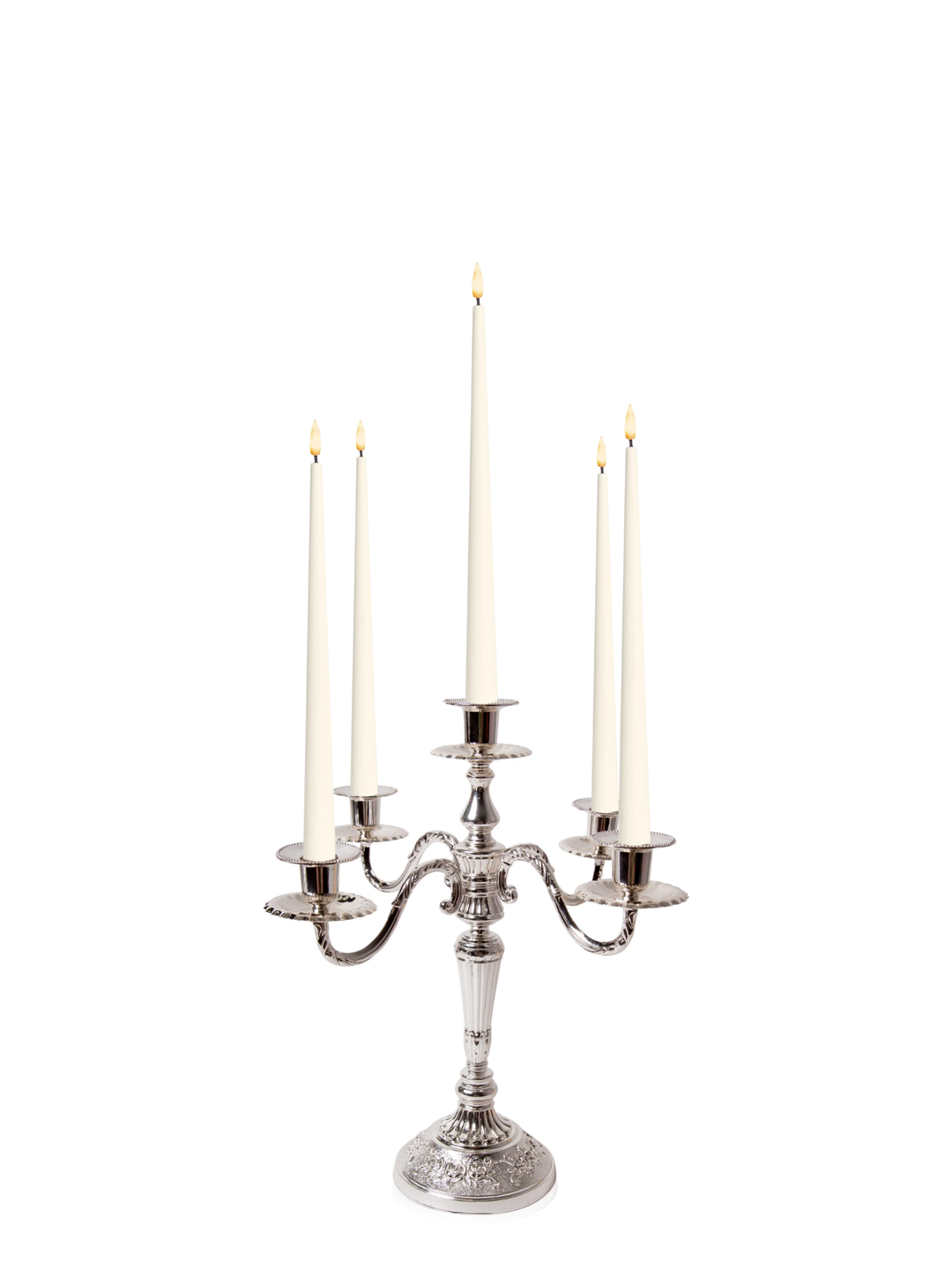 Ivory 31cm LED Taper Candles with Antique Silver Charlotte 5-Arm Candelabra - Set of 2