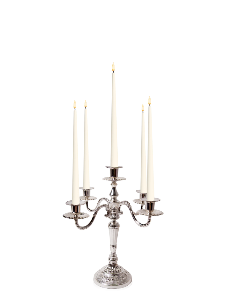 Ivory 31cm LED Taper Candles with Antique Silver Charlotte 5-Arm Candelabra - Set of 2