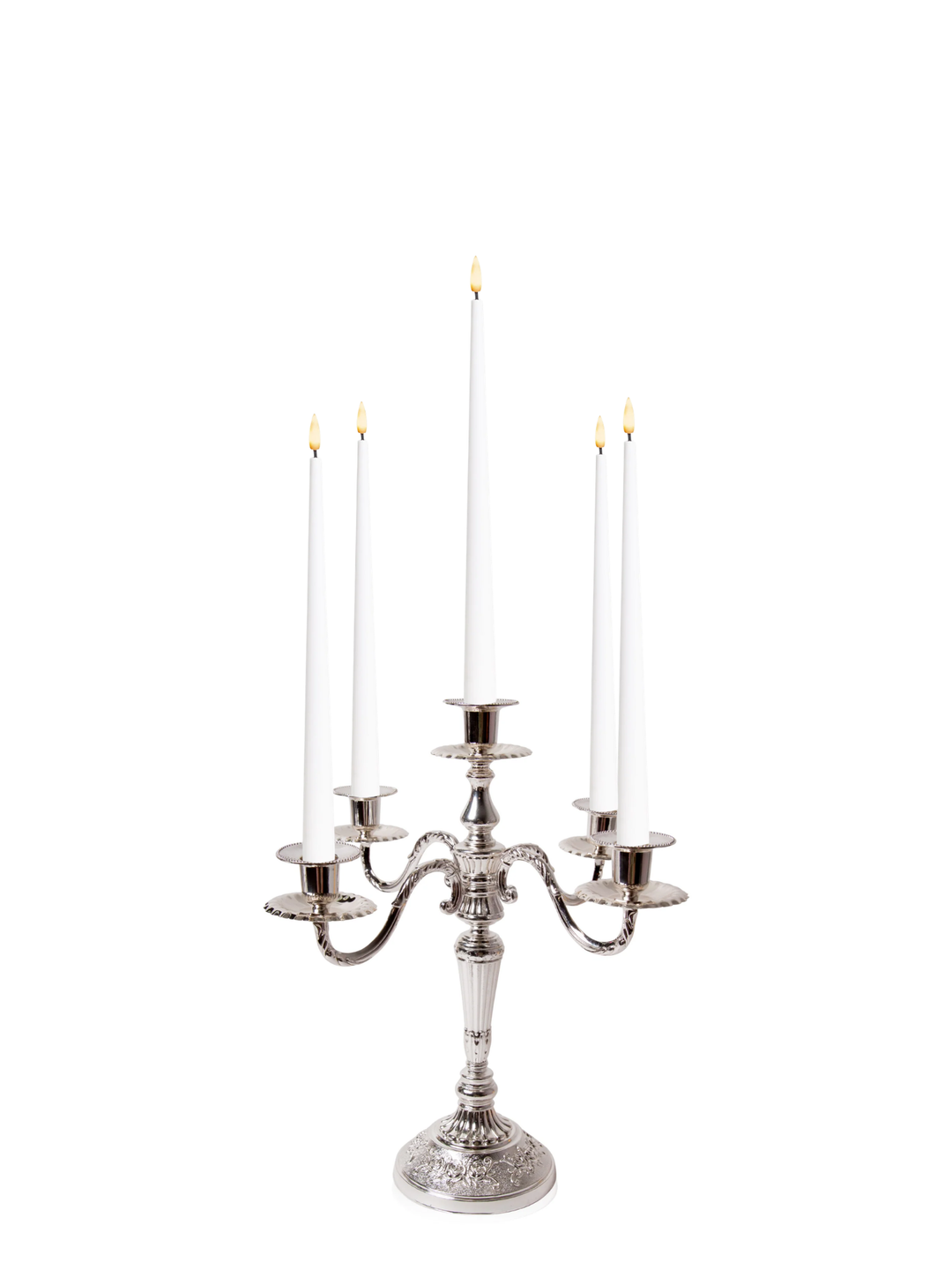 White 31cm LED Taper Candles with Antique Silver Charlotte 5-Arm Candelabra - Set of 2