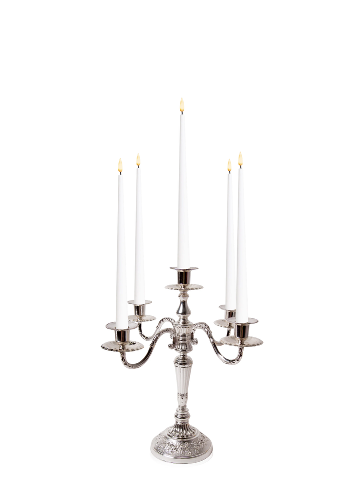 White 31cm LED Taper Candles with Antique Silver Charlotte 5-Arm Candelabra - Set of 2