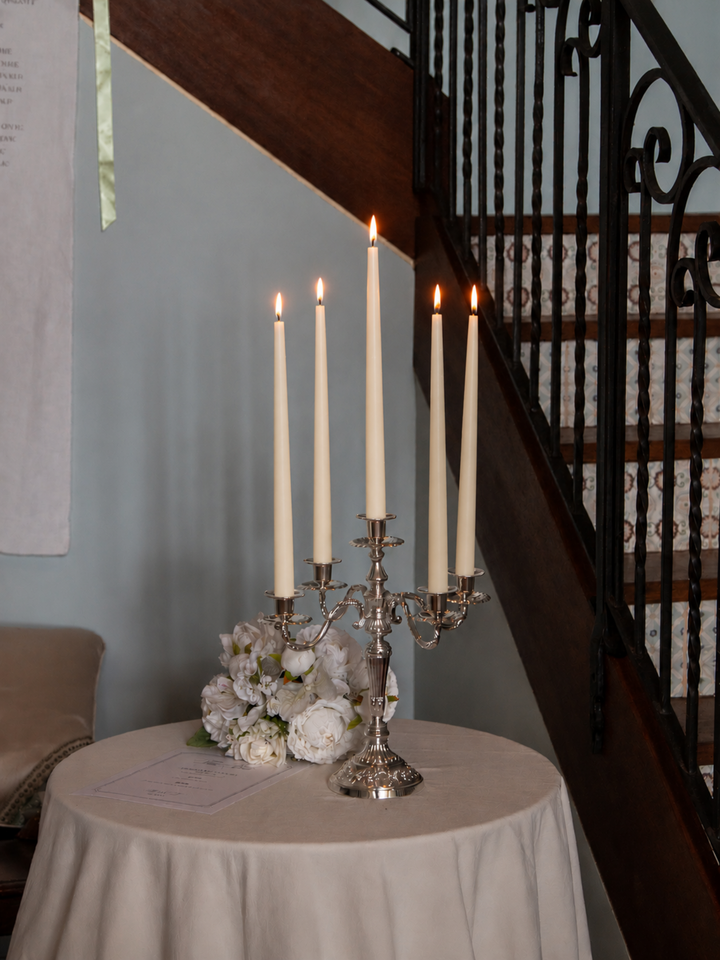 Ivory 35cm & 45cm Taper Candles with Antique Silver Charlotte 5-Arm Candelabra - Set of 2 Pack of 10