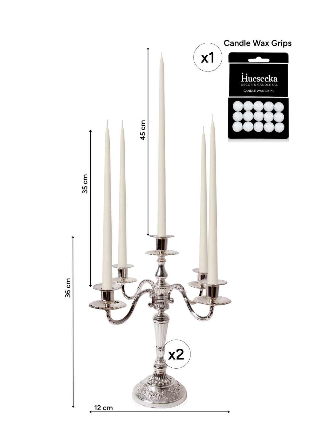 Ivory 35cm & 45cm Taper Candles with Antique Silver Charlotte 5-Arm Candelabra - Set of 2 Pack of 10