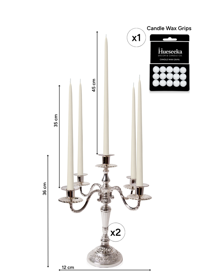 Ivory 35cm & 45cm Taper Candles with Antique Silver Charlotte 5-Arm Candelabra - Set of 2 Pack of 10