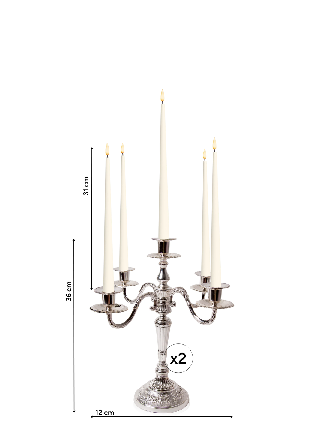 Ivory 31cm LED Taper Candles with Antique Silver Charlotte 5-Arm Candelabra - Set of 2