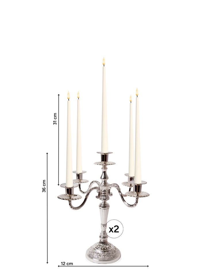 Ivory 31cm LED Taper Candles with Antique Silver Charlotte 5-Arm Candelabra - Set of 2