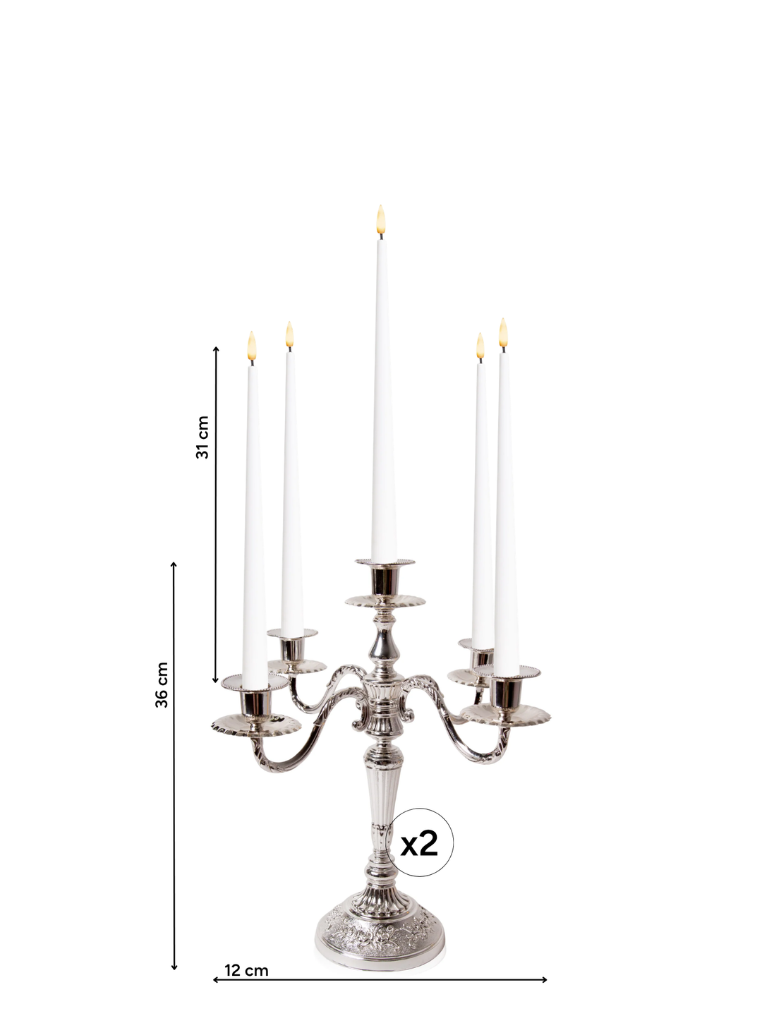 White 31cm LED Taper Candles with Antique Silver Charlotte 5-Arm Candelabra - Set of 2