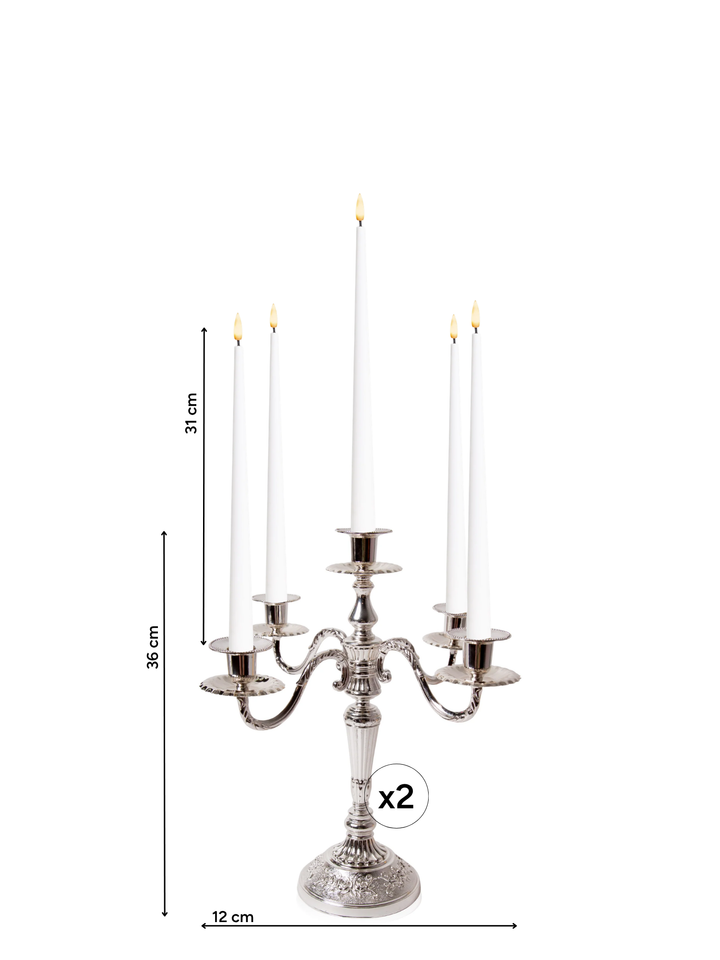 White 31cm LED Taper Candles with Antique Silver Charlotte 5-Arm Candelabra - Set of 2