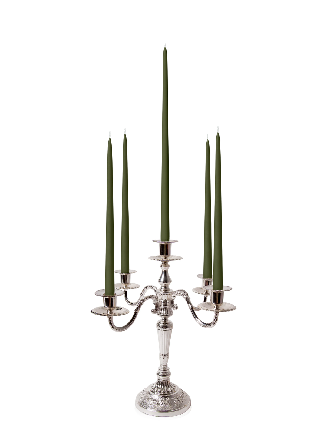 Olive 35cm & 45cm Taper Candles with Antique Silver Charlotte 5-Arm Candelabra - Set of 2 Pack of 10