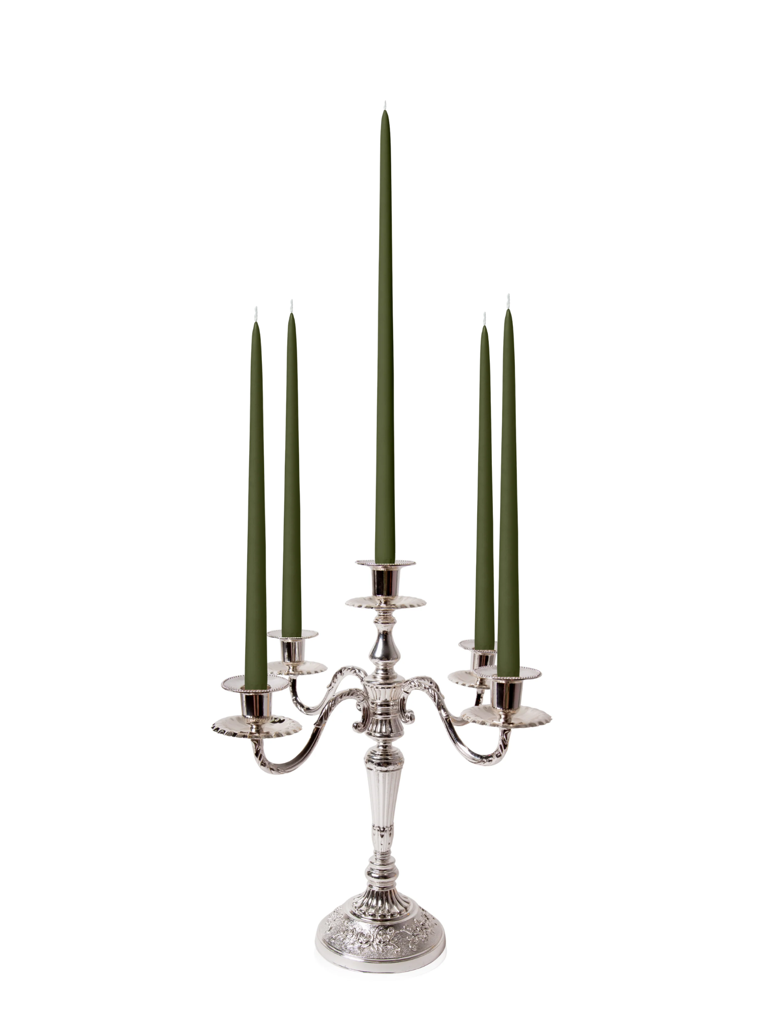 Olive 35cm & 45cm Taper Candles with Antique Silver Charlotte 5-Arm Candelabra - Set of 2 Pack of 10