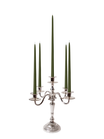 Olive 35cm & 45cm Taper Candles with Antique Silver Charlotte 5-Arm Candelabra - Set of 2 Pack of 10