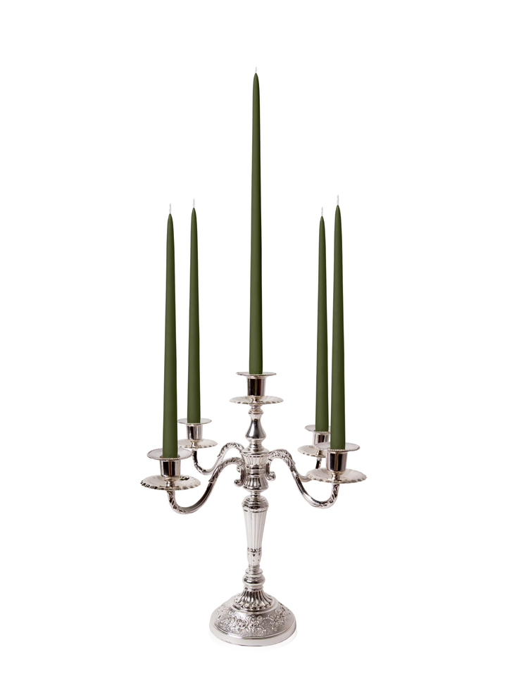 Olive 35cm & 45cm Taper Candles with Antique Silver Charlotte 5-Arm Candelabra - Set of 2 Pack of 10