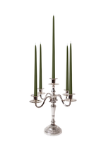 Olive 35cm & 45cm Taper Candles with Antique Silver Charlotte 5-Arm Candelabra - Set of 2