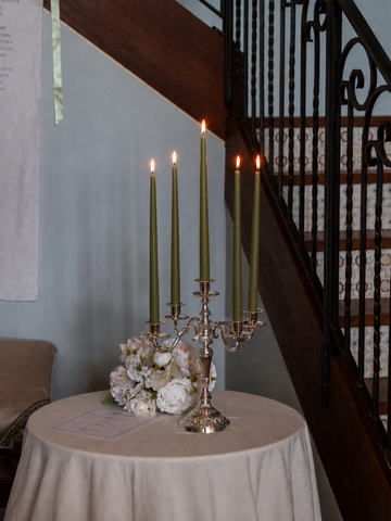 Olive 35cm & 45cm Taper Candles with Antique Silver Charlotte 5-Arm Candelabra - Set of 2 Pack of 10