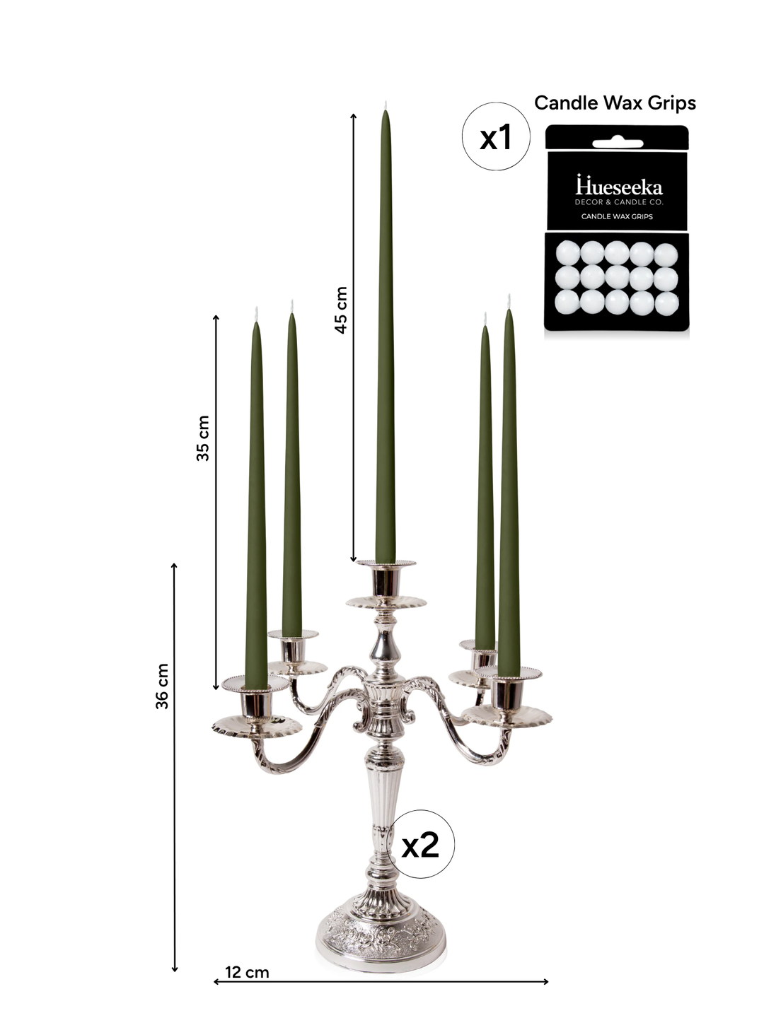 Olive 35cm & 45cm Taper Candles with Antique Silver Charlotte 5-Arm Candelabra - Set of 2 Pack of 10
